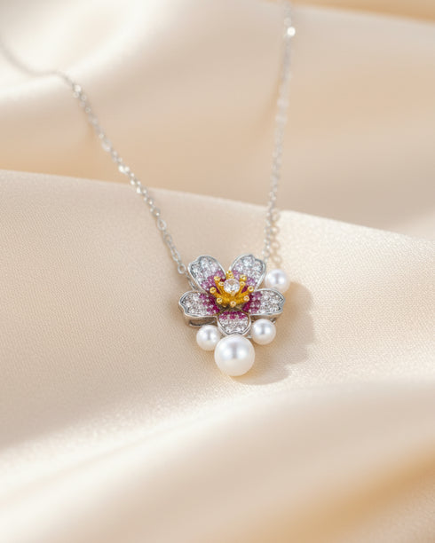 Delicate necklace with a floral pendant featuring pearls and gemstones on a soft beige background